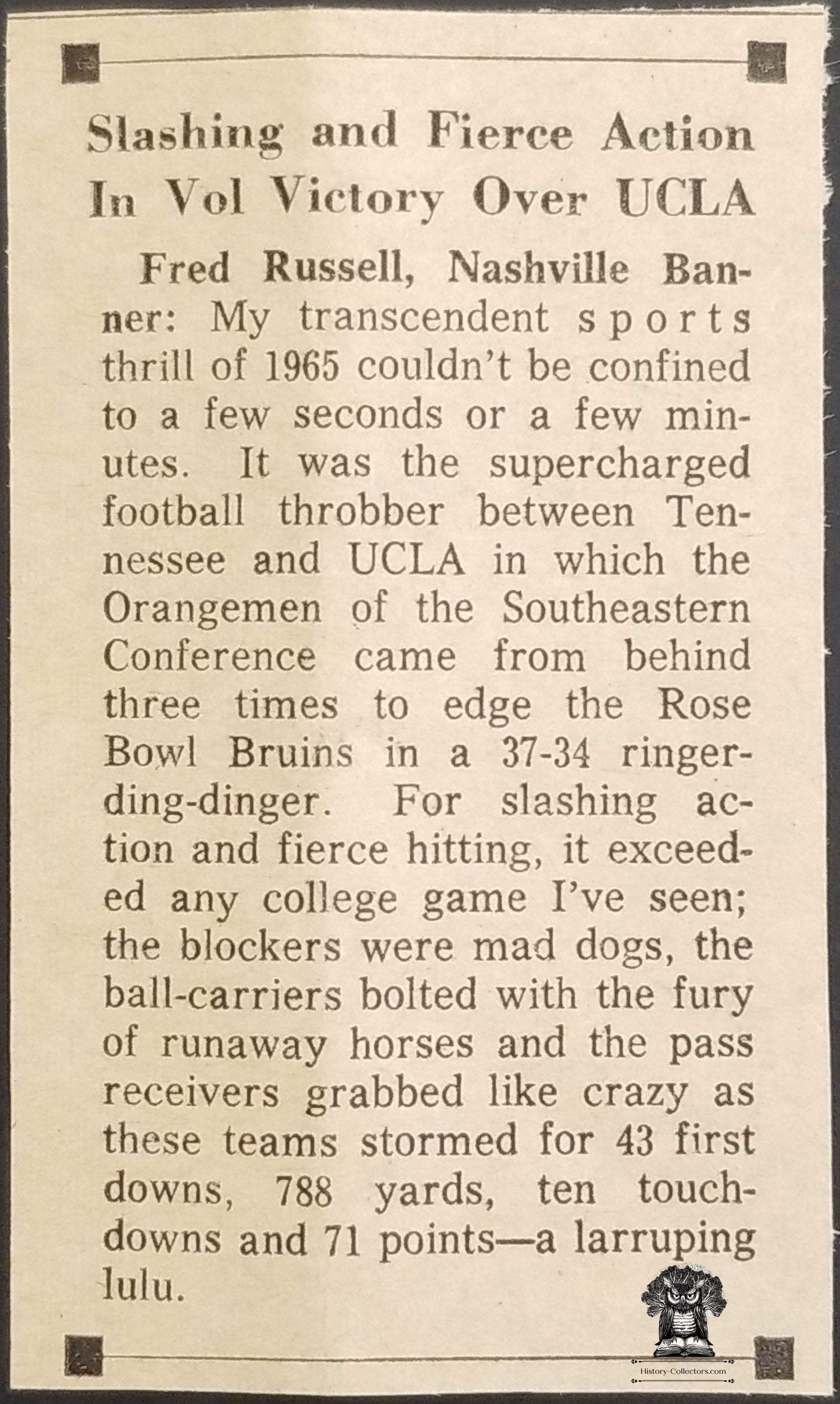 1965 Tennessee Volunteers vs UCLA College Football Newsprint Clip - Memphis Memorial Stadium - December 4 - Fred Russell - Nashville Banner - Gary Beban