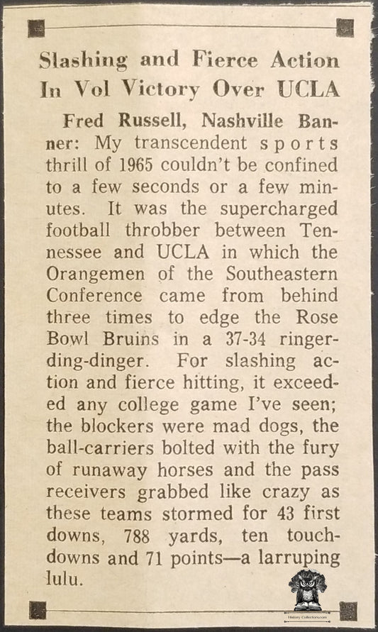1965 Tennessee Volunteers vs UCLA College Football Newsprint Clip - Memphis Memorial Stadium - December 4 - Fred Russell - Nashville Banner - Gary Beban