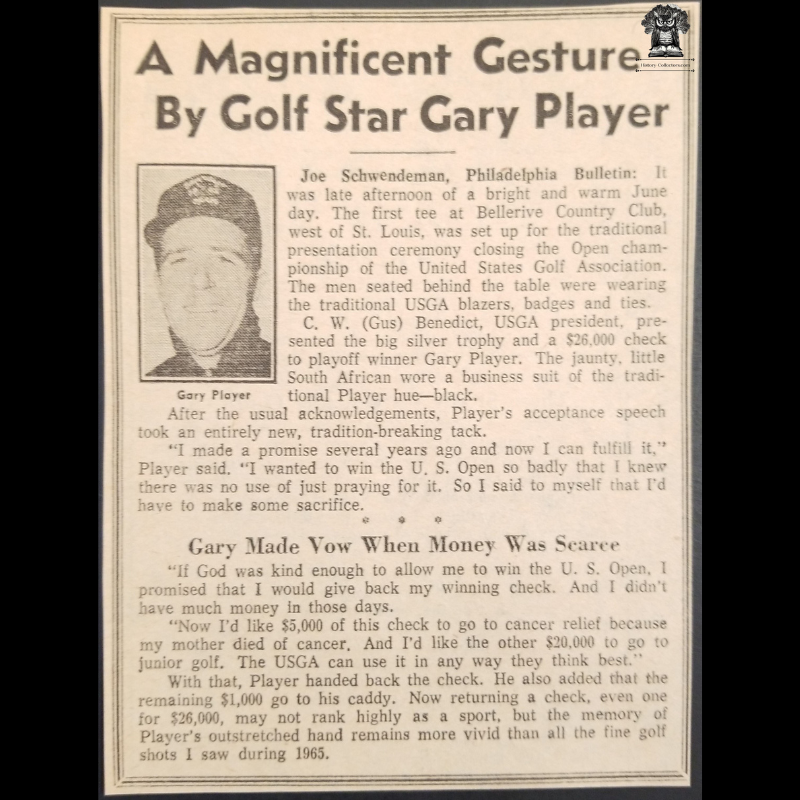 1965 U.S. National Open Gary Player Newsprint Clip - Bellerive Country Club MO - USGA