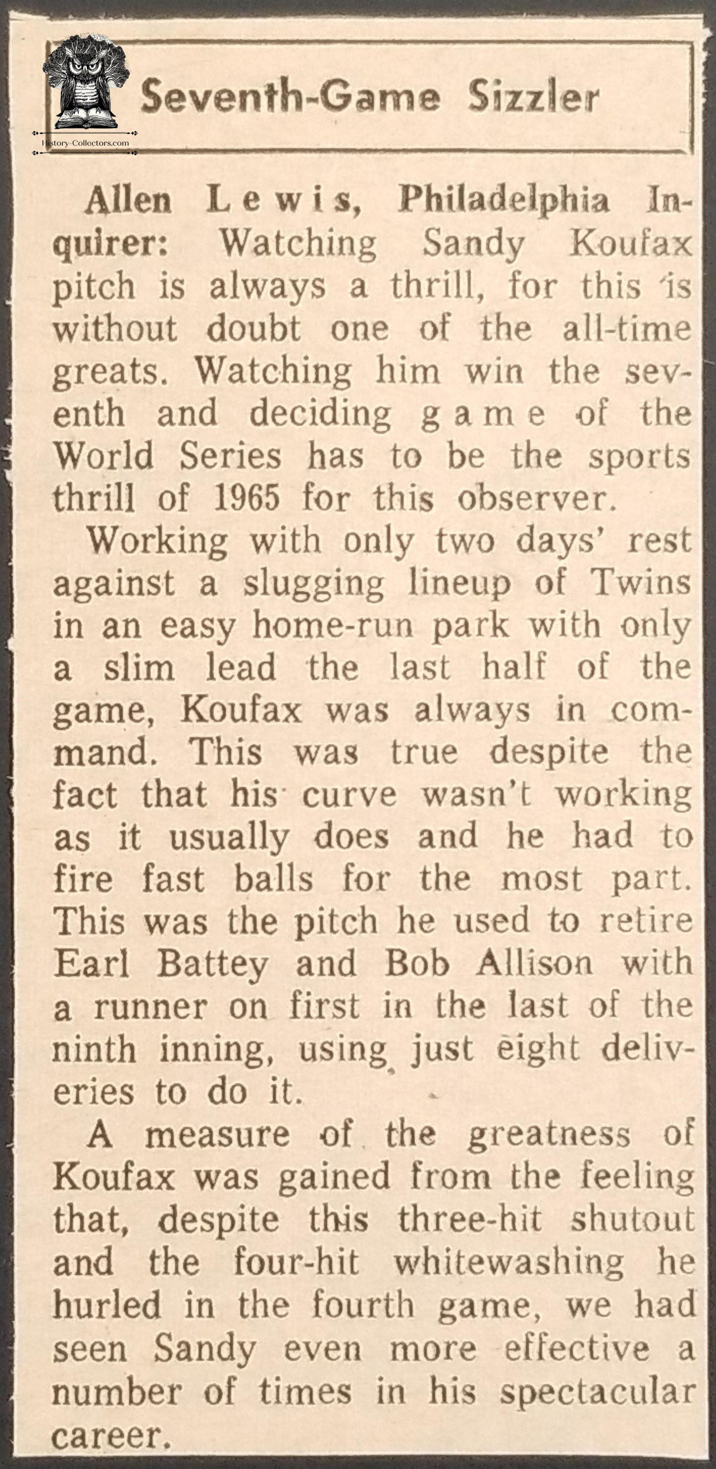 1965 World Series Game 7 Newsprint Clip - Los Angeles Dodgers vs Minnesota Twins - Sandy Koufax - Allen Lewis Philadelphia Inquirer