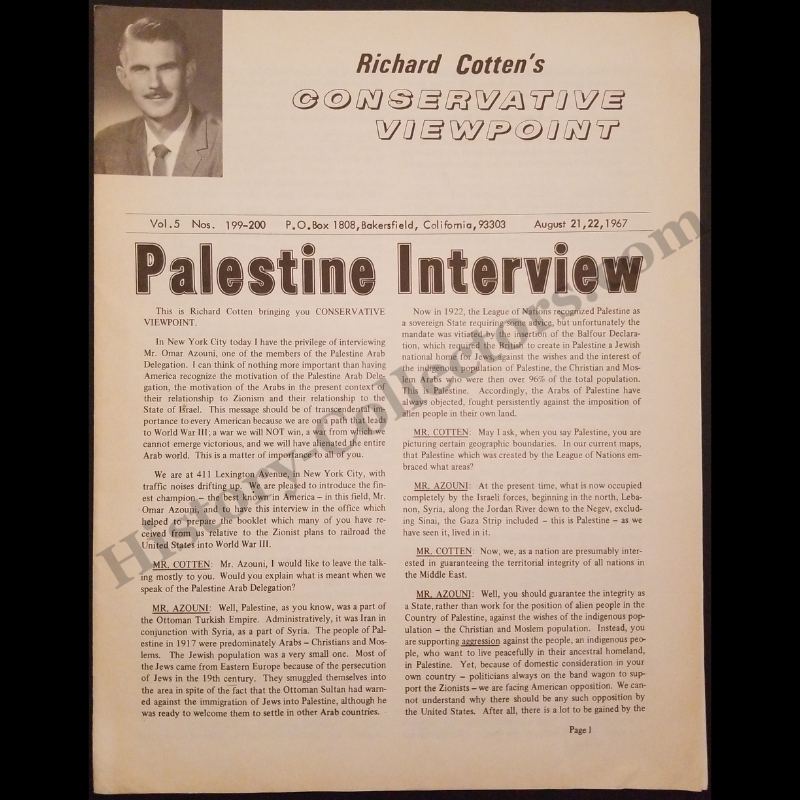 1967 Richard Cotten Conservative Viewpoint Newsletter - Printed Transcript Of A Radio Interview - Omar Azouni Palestine Arab Delegation - Cold War Era - Volume 5 - August 21-22 - Bakersfield California - Anti-Zionist Ideology - Ready For Framing