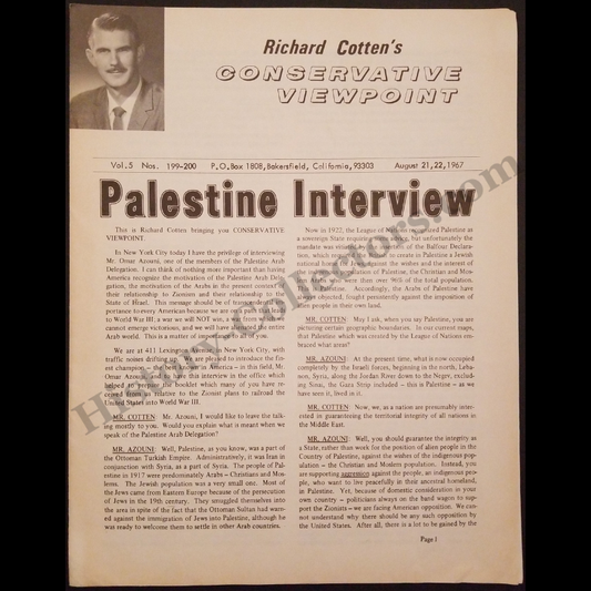 1967 Richard Cotten Conservative Viewpoint Newsletter - Printed Transcript Of A Radio Interview - Omar Azouni Palestine Arab Delegation - Cold War Era - Volume 5 - August 21-22 - Bakersfield California - Anti-Zionist Ideology - Ready For Framing