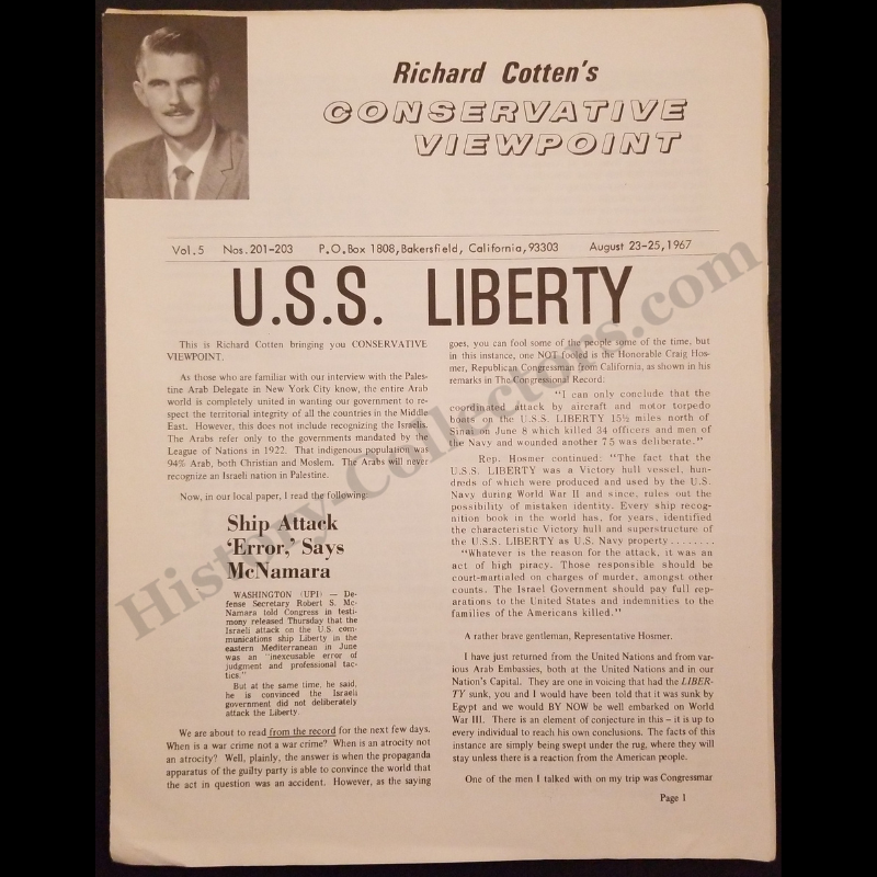 1967 Richard Cotten Conservative Newsletter - USS Liberty Attack - Israel Six-Day War - Cold War Era - Volume 5 - August 23-25 - Bakersfield California - Anti-Zionist Ideology - Ready For Framing