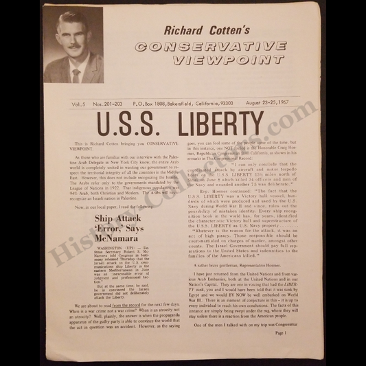 1967 Richard Cotten Conservative Newsletter - USS Liberty Attack - Israel Six-Day War - Cold War Era - Volume 5 - August 23-25 - Bakersfield California - Anti-Zionist Ideology - Ready For Framing
