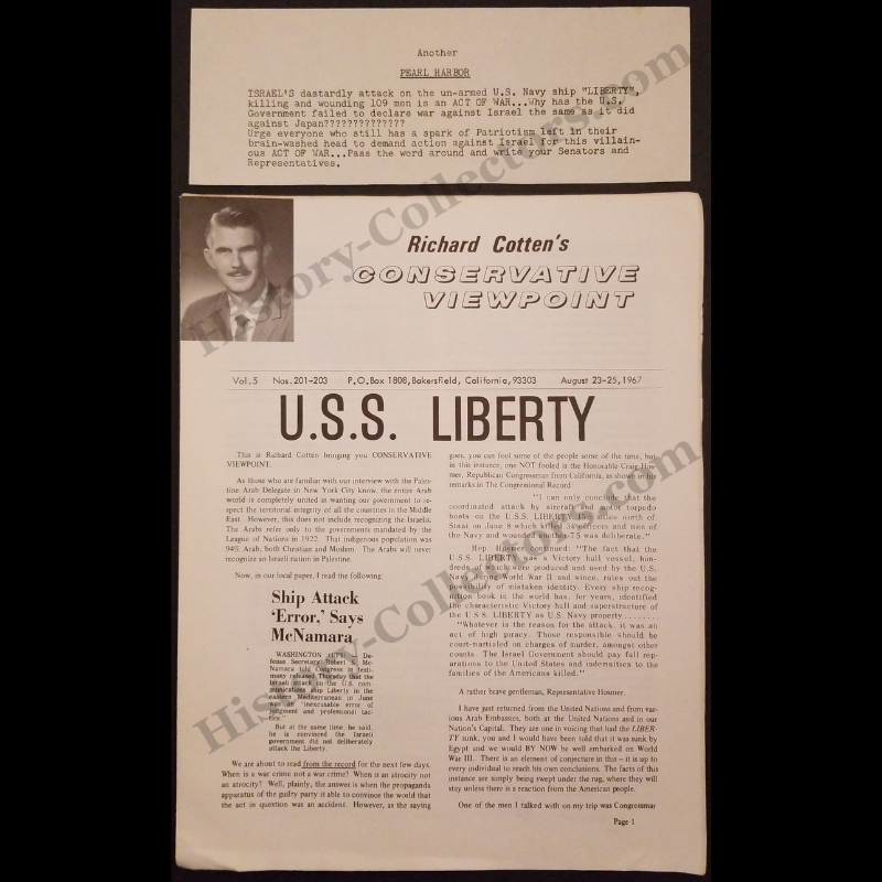 1967 Richard Cotten Conservative Newsletter - USS Liberty Attack - Israel Six-Day War - Cold War Era - Volume 5 - August 23-25 - Bakersfield California - Anti-Zionist Ideology - Ready For Framing