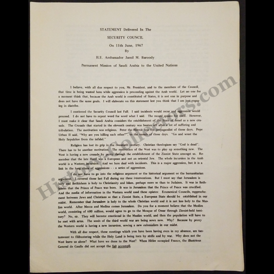 1967 United Nations Security Council Speech Pamphlet - H.E. Ambassador Jamil M. Baroody - Permanent Mission Of Saudi Arabia To The United Nations - Cold War Era - June 11 - Anti-Zionist Ideology - Ready For Framing