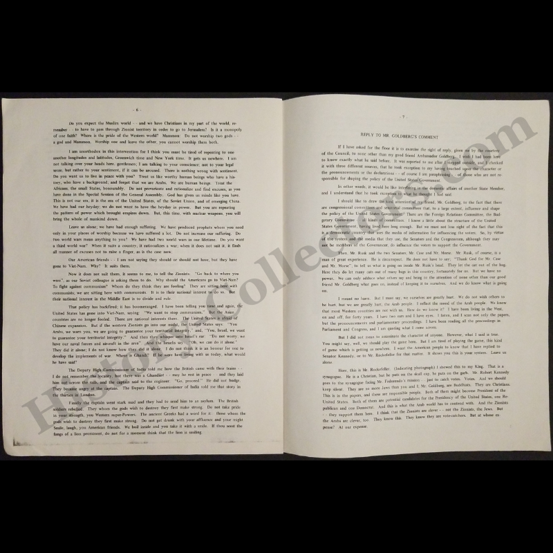 1967 United Nations Security Council Speech Pamphlet - H.E. Ambassador Jamil M. Baroody - Permanent Mission Of Saudi Arabia To The United Nations - Cold War Era - June 11 - Anti-Zionist Ideology - Ready For Framing