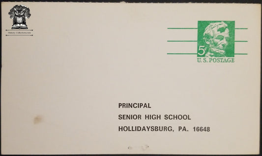 1968 Hollidaysburg PA Senior High School Principal Survey Questionnaire Postcard - Five Cent Lincoln Postal Card