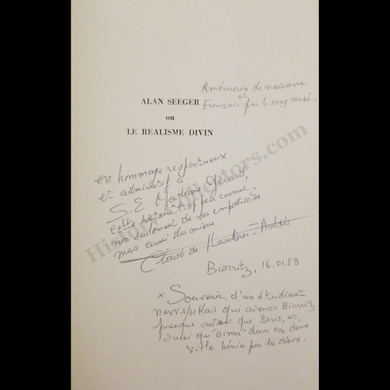 1972 Alan Seeger On Le Realisme Divin By Claude de Heekeren d'Anthes - Autograph Signed Presentation Copy To Ambassador Jean Broward Shevlin Gerard -  Vietnam War Era - Written In French