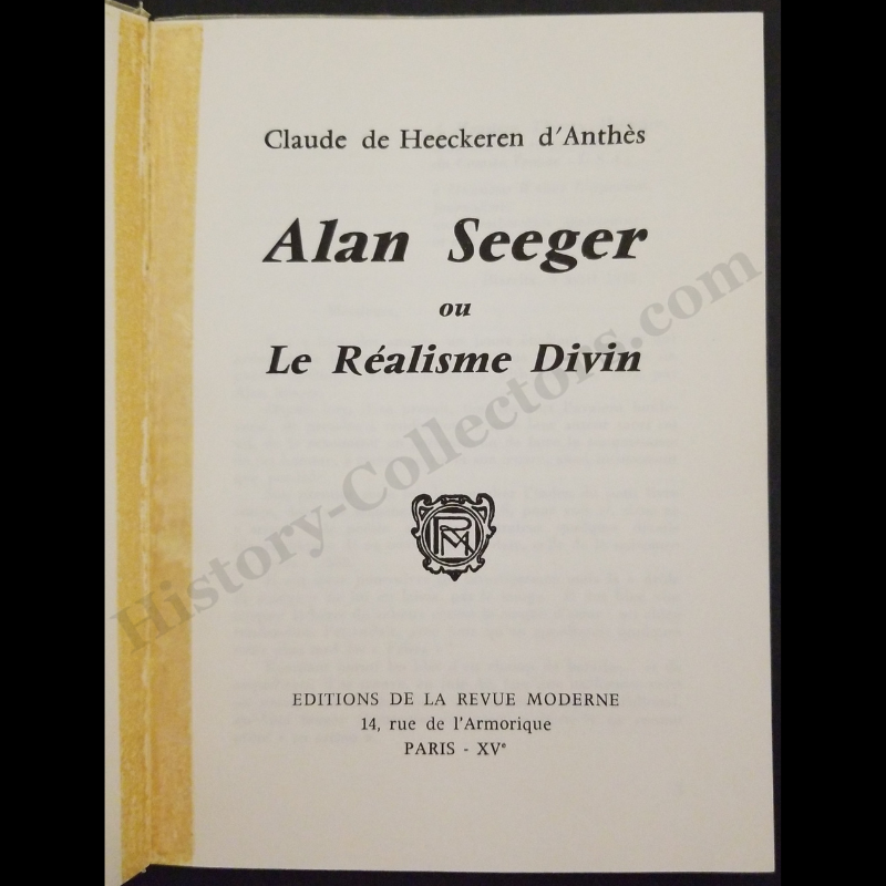 1972 Alan Seeger On Le Realisme Divin By Claude de Heekeren d'Anthes - Autograph Signed Presentation Copy To Ambassador Jean Broward Shevlin Gerard -  Vietnam War Era - Written In French