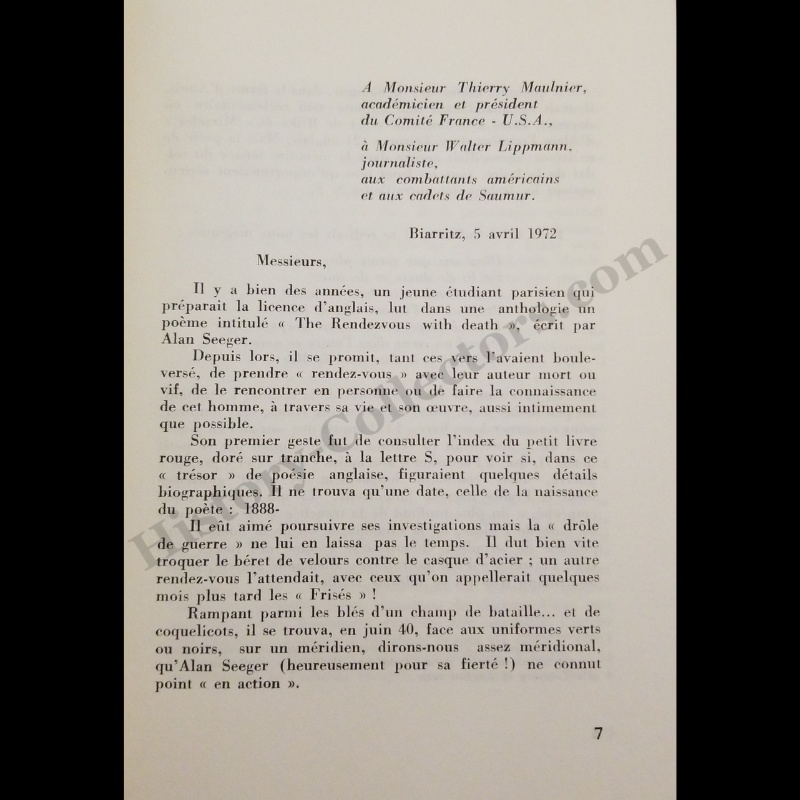 1972 Alan Seeger On Le Realisme Divin By Claude de Heekeren d'Anthes - Autograph Signed Presentation Copy To Ambassador Jean Broward Shevlin Gerard -  Vietnam War Era - Written In French