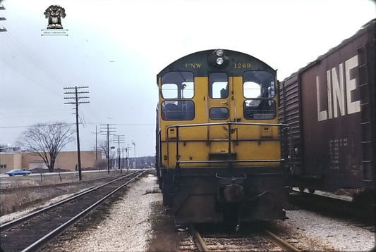 1975 C&NW Railroad Train Freight Engine 1269 - Soo Line Boxcar Photo Slide - Urban Terminal Switch Yard - Kodak Kodachrome - Blue Dodge Car