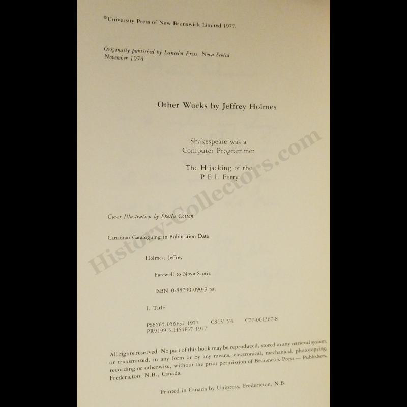 1977 Farewell To Nova Scotia By Jeffrey Holmes - Autograph Signed 1984 Presentation Copy To Ambassador Jean Broward Shevlin Gerard - Reagan Era