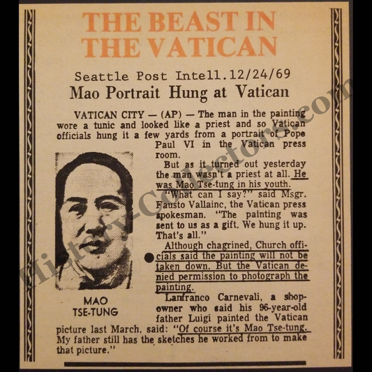1978 Mao Tse-Tung Portrait Hung At Vatican News Clipping - New Christian Crusade Church - Late Cold War Era - Ready For Framing