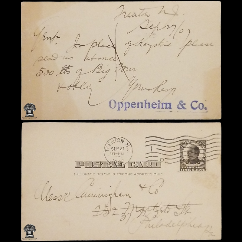 1907 Oppenheim & Co Personal Note Coal Order Postal Card - Trenton NJ - Philadelphia PA - Keystone Coal & Coke Co / Big Four Coal - One Cent McKinley Square Black Scott UX19 - Machine Duplex Postal Cancel September 27 - Postcard