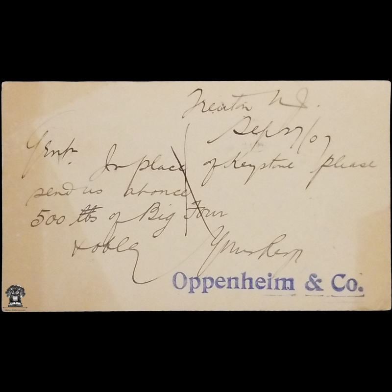 1907 Oppenheim & Co Personal Note Coal Order Postal Card - Trenton NJ - Philadelphia PA - Keystone Coal & Coke Co / Big Four Coal - One Cent McKinley Square Black Scott UX19 - Machine Duplex Postal Cancel September 27 - Postcard