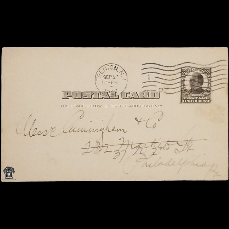 1907 Oppenheim & Co Personal Note Coal Order Postal Card - Trenton NJ - Philadelphia PA - Keystone Coal & Coke Co / Big Four Coal - One Cent McKinley Square Black Scott UX19 - Machine Duplex Postal Cancel September 27 - Postcard