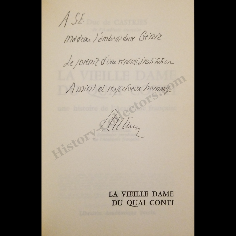 1978 La Vieille Dame Du Quai Conti By Duc De Castries - Autograph Signed c1981 Presentation Copy To Ambassador Jean Broward Shevlin Gerard - Reagan Era - Written In French