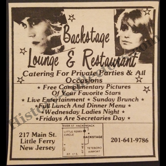 1980 Backstage Lounge & Restaurant Print Advertisement Clipping - 217 Main Street Little Ferry New Jersey - Urban Nightlife Entertainment - Late Cold War Era - Ready For Framing