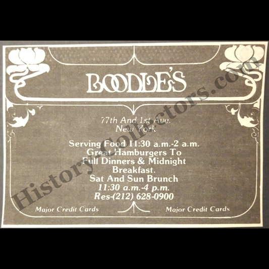 1980 Boodle's Restaurant Print Advertisement Clipping - 77th Street & 1st Avenue New York - Hospitality Industry - Late Cold War Era - Ready For Framing