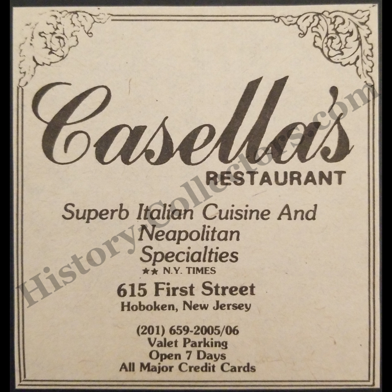 1980 Casella's Restaurant Print Advertisement Clipping - 615 First Street Hoboken New Jersey - Martin “Motts” Casella - Genovese Crime Family - Italian Cuisine - Cold War Era - Ready For Framing