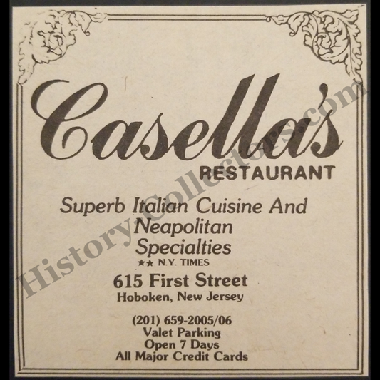 1980 Casella's Restaurant Print Advertisement Clipping - 615 First Street Hoboken New Jersey - Martin “Motts” Casella - Genovese Crime Family - Italian Cuisine - Cold War Era - Ready For Framing