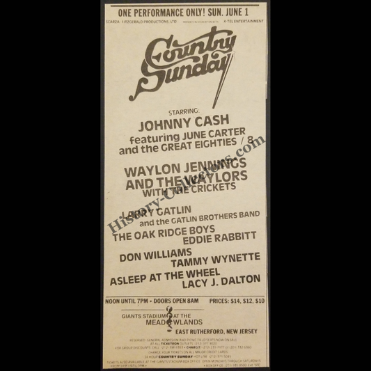1980 Country Sunday Concert Print Advertisement Clipping - Giants Stadium Meadowlands East Rutherford New Jersey - June 1 - Late Cold War Era - Ready For Framing