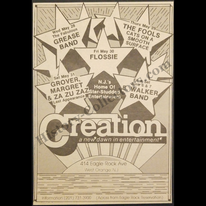1980 Creation Nightclub Print Advertisement Clipping - 414 Eagle Rock Avenue West Orange New Jersey - The Fabulous Grease Band - Cats On A Smooth Surface - Urban Entertainment - Cold War Era - Ready For Framing