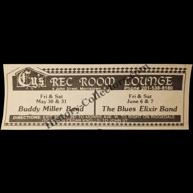 1980 Cy’s Rec Room Lounge Print Advertisement Clipping - Morristown New Jersey - The Buddy Miller Band - The Blues Elixir Band - Late Cold War Era - Ready For Framing