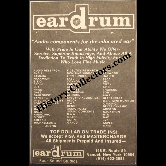 1980 Ear Drum Print Advertisement Clipping - 148 East Route 59 Nanuet New York - High-Fidelity Audio Retailer - Cold War Era - Ready For Framing
