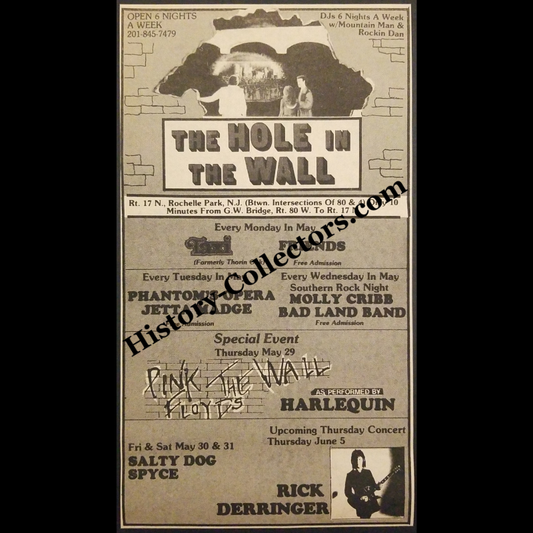 1980 The Hole In The Wall Promotion Print Advertisement Clipping - Route 17 North Rochelle Park New Jersey - Rick Derringer - Pink Floyd's The Wall Performed By Harlequin - Urban Nightlife Entertainment - Late Cold War Era - Ready For Framing