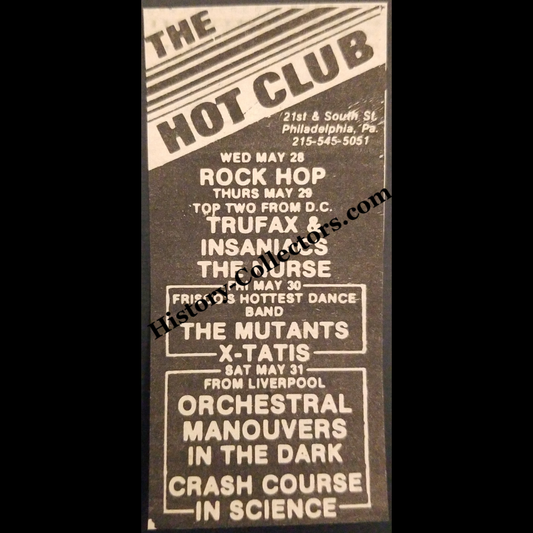 1980 Hot Club Print Advertisement Clipping - 21st And South Street Philadelphia Pennsylvania - Orchestral Manoeuvres in the Dark (OMD) - Crash Course in Science - The Mutants - Urban Nightlife Entertainment - Late Cold War Era - Ready For Framing