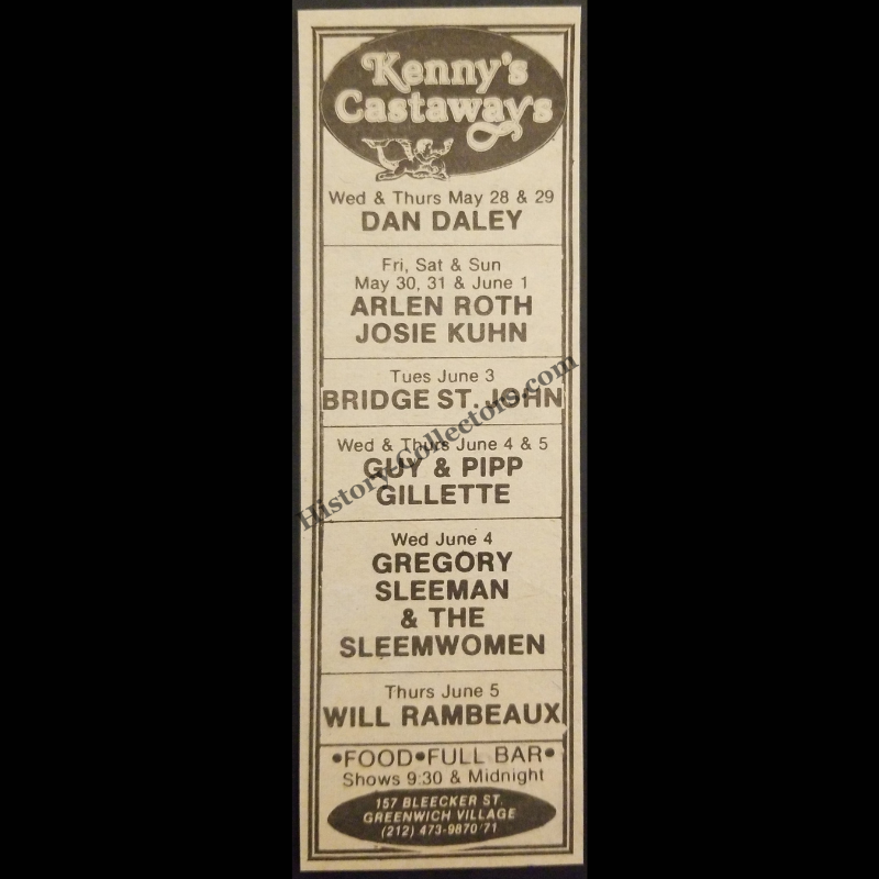 1980 Kenny’s Castaways Print Advertisement Clipping - Greenwich Village New York - Urban Nightlife Entertainment - Late Cold War Era - Ready For Framing