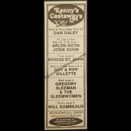 1980 Kenny’s Castaways Print Advertisement Clipping - Greenwich Village New York - Urban Nightlife Entertainment - Late Cold War Era - Ready For Framing