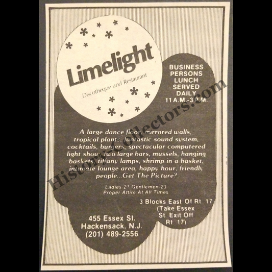 1980 Limelight Discotheque Restaurant Print Advertisement Clipping - 455 Essex Street Hackensack New Jersey - Hospitality Industry - Urban Nightlife Entertainment - Late Cold War Era - Ready For Framing
