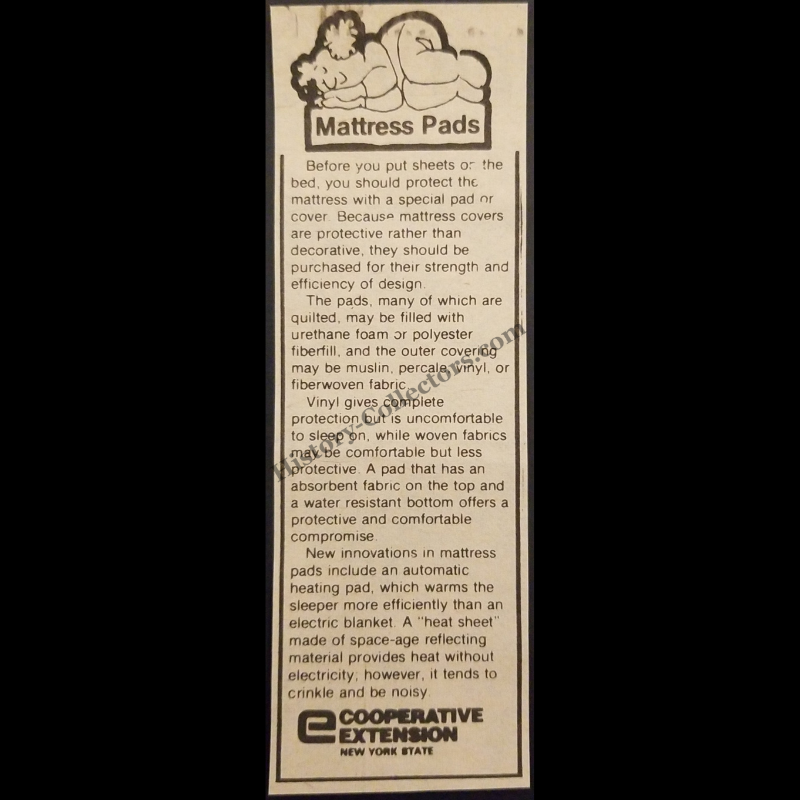 1980 Mattress Pads Informational Consumer Education Print Advertisement Clipping - Cooperative Extension New York State - Late Cold War Era - Ready For Framing