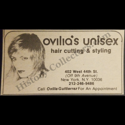 1980 Ovillia’s Unisex Hair Salon Print Advertisement Clipping - 402 West 44th Street New York City - Late Cold War Era - Ready For Framing