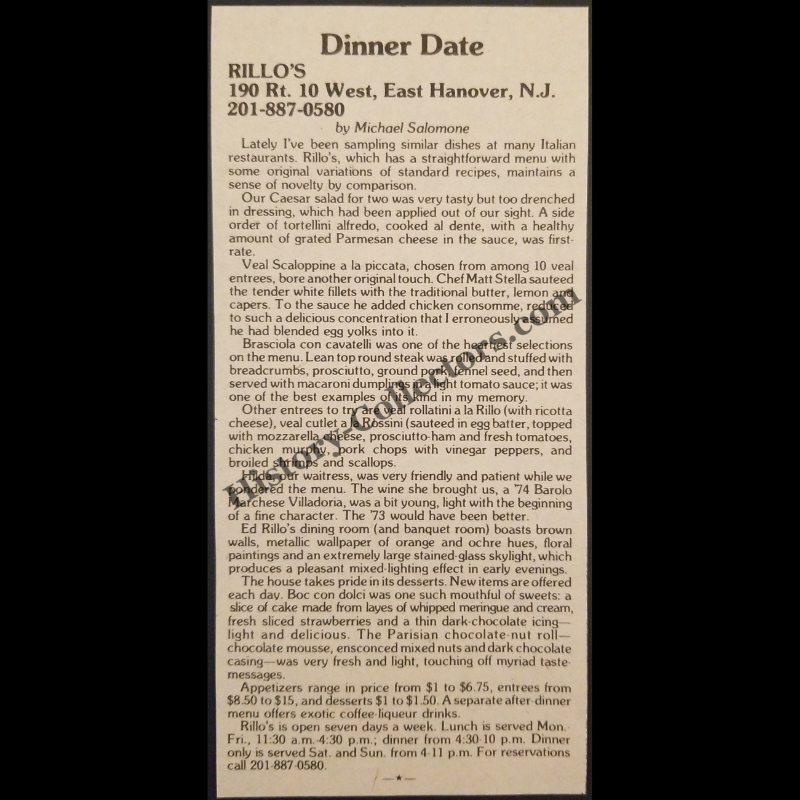 1980 Rillo's Food Critic Review Print Clipping - 190 Route 10 West East Hanover New Jersey - Dinner Date By Michael Salomone - Cold War Era - Ready For Framing