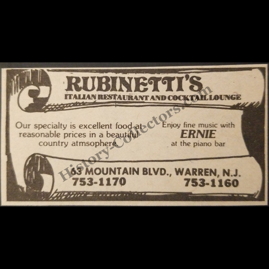 1980 Rubinetti's Restaurant Print Advertisement Clipping - 63 Mountain Boulevard Warren New Jersey - Piano Bar Dining Culture - Cold War Era - Ready For Framing