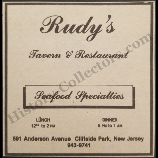 1980 Rudy's Tavern & Restaurant Print Advertisement Clipping - 591 Anderson Avenue Cliffside New Jersey - Seafood Dining Culture - Cold War Era - Ready For Framing