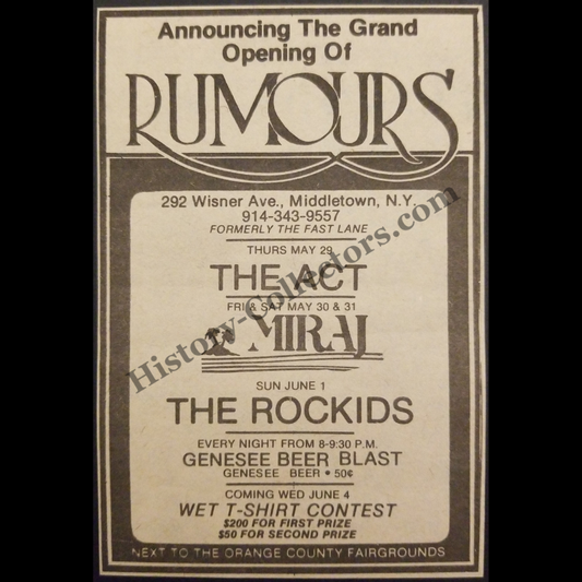 1980 Rumours Grand Opening Print Advertisement Clipping - 292 Wisner Avenue Middletown New York - Urban Nightlife Entertainment - Cold War Era - Ready For Framing