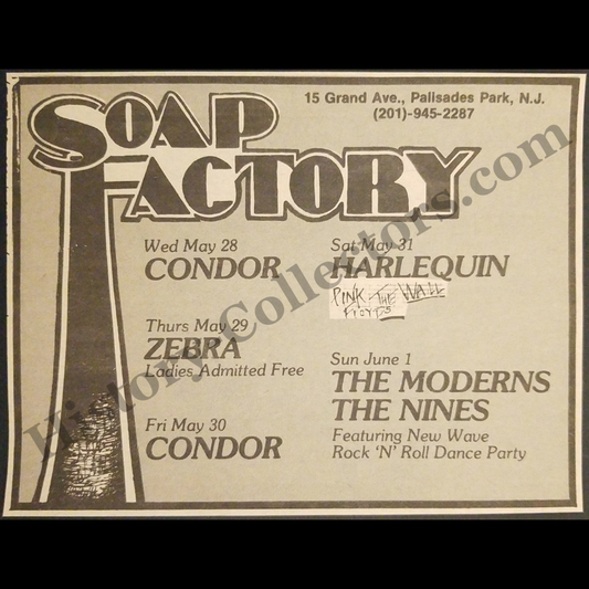1980 The Soap Factory Nightclub Print Advertisement Clipping - 15 Grand Avenue Palisades Park New Jersey - Zebra - Harlequin Performing Pink Floyd's The Wall - Urban Entertainment - Cold War Era - Ready For Framing
