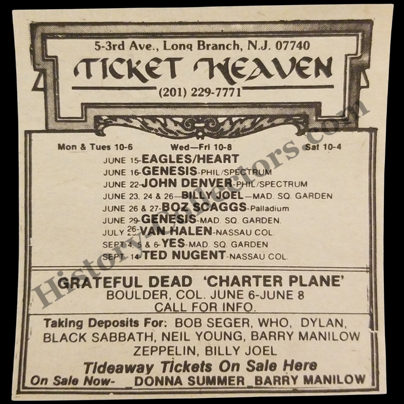 1980 Ticket Heaven Print Advertisement Clipping - 5-3rd Avenue Long Branch New Jersey - Ticket Broker - Late Cold War Era - Ready For Framing