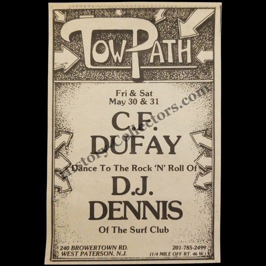 1980 Tow Path Print Advertisement Clipping - 240 Browertown Road West Paterson New Jersey - C.F. Dufay - D.J. Dennis Of The Surf Club - Late Cold War Era - Ready For Framing