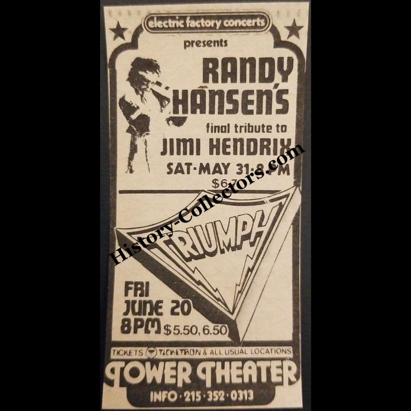 1980 Tower Theater Print Advertisement Clipping - Upper Darby Pennsylvania - Randy Hansen's Jimi Hendrix Tribute - Triumph Band - Urban Nightlife Entertainment - Late Cold War Era - Ready For Framing
