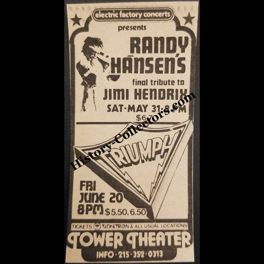 1980 Tower Theater Print Advertisement Clipping - Upper Darby Pennsylvania - Randy Hansen's Jimi Hendrix Tribute - Triumph Band - Urban Nightlife Entertainment - Late Cold War Era - Ready For Framing