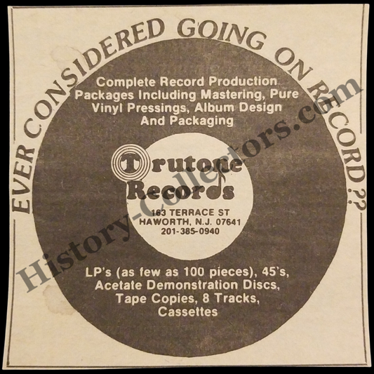 1980 Trutone Records Print Advertisement Clipping - 163 Terrace Street Haworth New Jersey - Independent Artists - Late Cold War Era - Ready For Framing