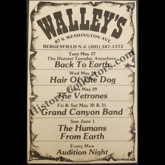 1980 Walley's Live Music Venue Print Advertisement Clipping - 87 South Washington Avenue Bergenfield New Jersey - Urban Nightlife Entertainment - Late Cold War Era - Ready For Framing