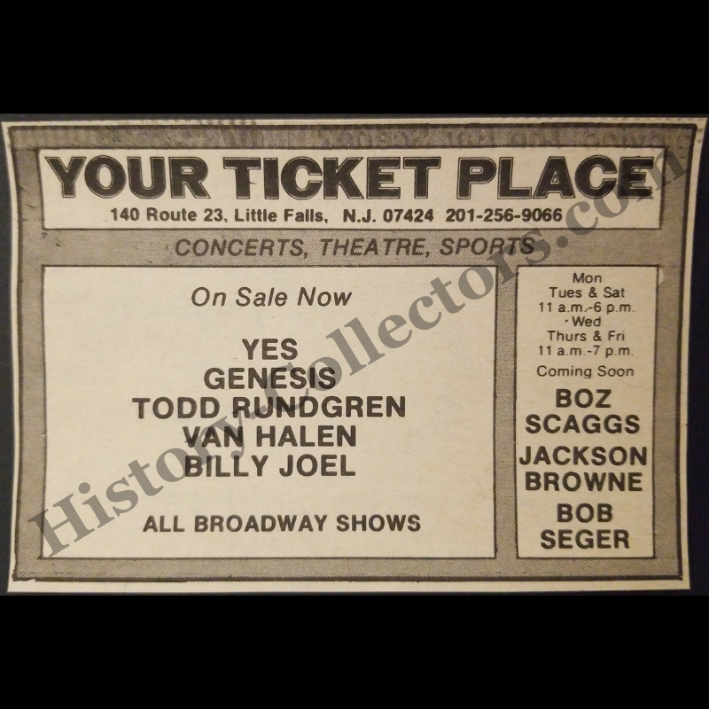 1980 Your Ticket Place Print Advertisement Clipping - 140 Route 23 Little Falls New Jersey - Yes - Genesis - Todd Rundgren - Van Halen - Billy Joel - Boz Scaggs - Jackson Browne - Bob Seger - Late Cold War Era - Ready For Framing