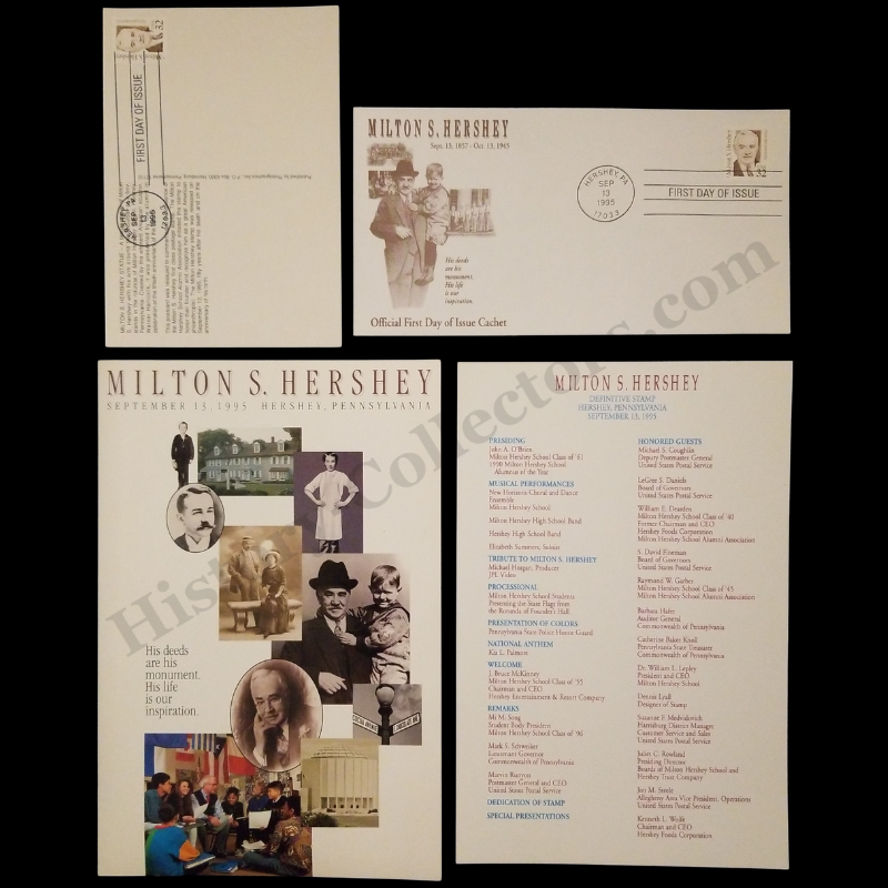 1995 Milton S. Hershey PA US FDC #2933 USPS Ceremony Program Triple Set - Program - First Day Cover - Postcard - Post Cold War Globalism Era - Ready For Framing
